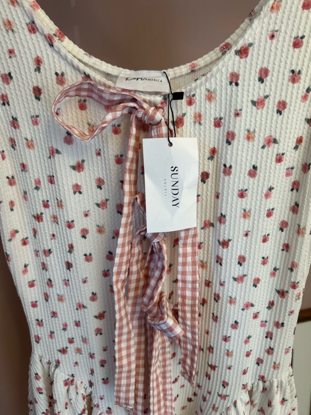 Kori White Mini Dress with Pink Floral Print and Gingham bows - Picture 5 of 10